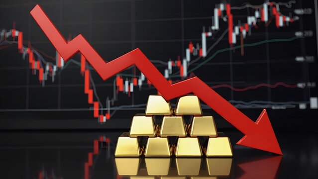 Digital stock market chart background with a large red downward arrow and gold bars in foreground representing a dramatic gold price crash and global financial market failure concept