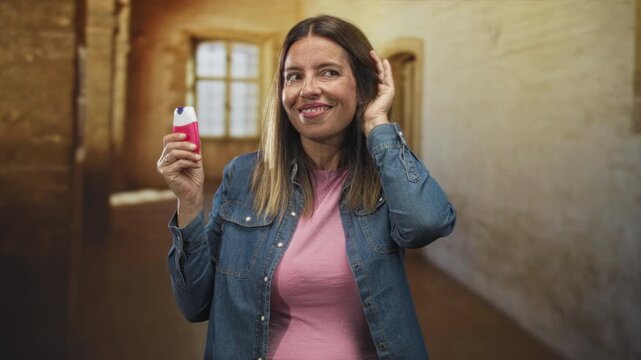 Middle age woman holding toothpaste in right hand, touching ear with left hand, smiling in a rustic building interior with window light; confidence.