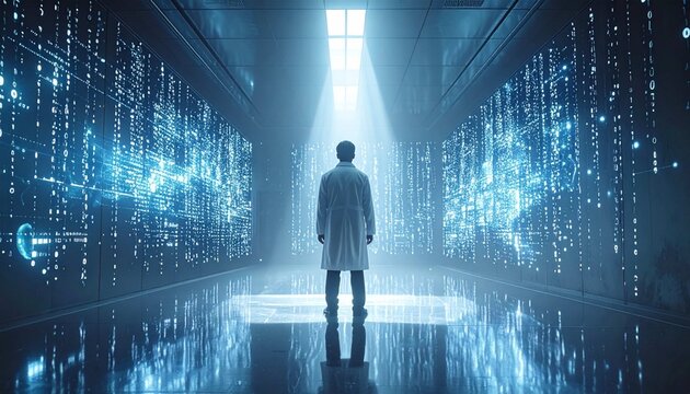 high-tech research, surrounded by glowing digital data displaysbusiness man in front of binary code background