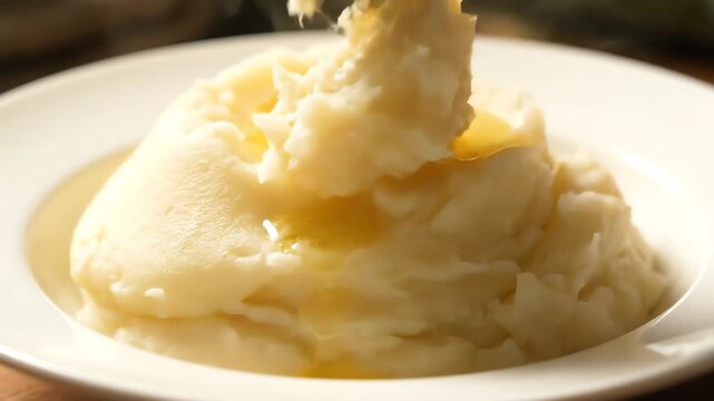 A close-up shot of a creamy, fluffy, and textured mound of mashed root vegetable on a white plate, topped with melted dairy