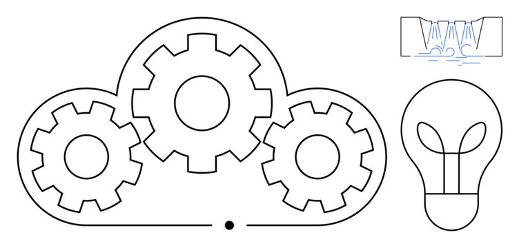 Innovation, automation, cloud computing, technology, data processing, engineering. Cloud outline with gears, lightbulb and circuit elements. Innovation and automation concept
