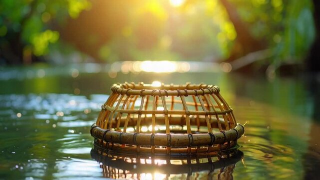 Traditional bamboo fish trap floating on calm water at golden hour
