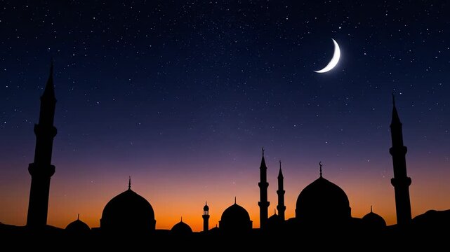 A serene silhouette of mosque structures with minarets against a twilight sky with a crescent moon and stars, creating a tranquil scene