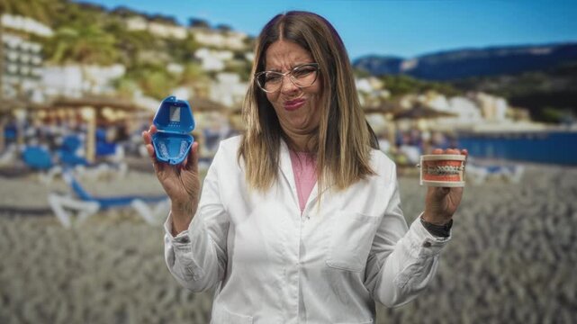 Doctor woman in white coat holds blue clear aligner case and braces model while grimacing in studio; skepticism dental choice.