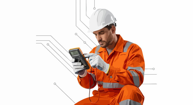 Skilled technician in orange jumpsuit using digital device.
