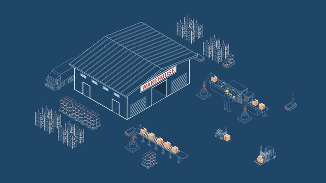 Automated Warehouse System with AGV and AMR Robots Enhancing Logistics Efficiency. 4K isometric animation