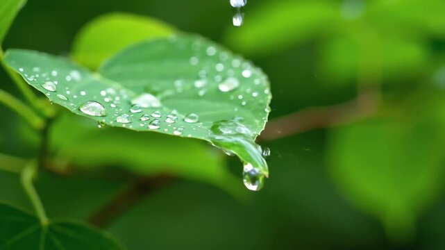 A close-up view of a green leaf with many glistening water droplets. A falling droplet is suspended above, about to touch the leaf