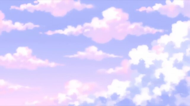 A dreamy scene features a pastel sky with soft clouds in pink and white hues, set against a calming blue background