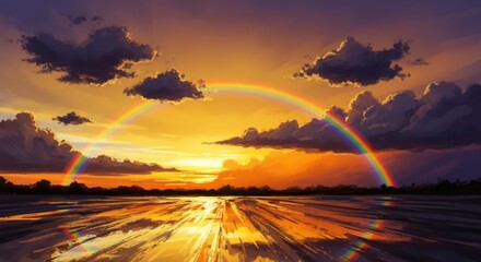 Naklejka premium A vibrant rainbow appears in the sky during a beautiful sunset over a serene landscape with clouds and water reflections.