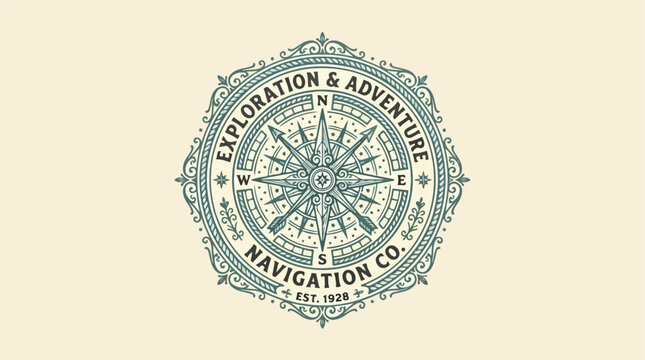 Vintage Compass Rose Exploration and Navigation Company Logo.