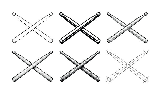 Versatile vector collection of crossed drumsticks in various artistic styles: line art, solid, stippled, and sketched. Ideal for music, rock, band, and percussion designs.