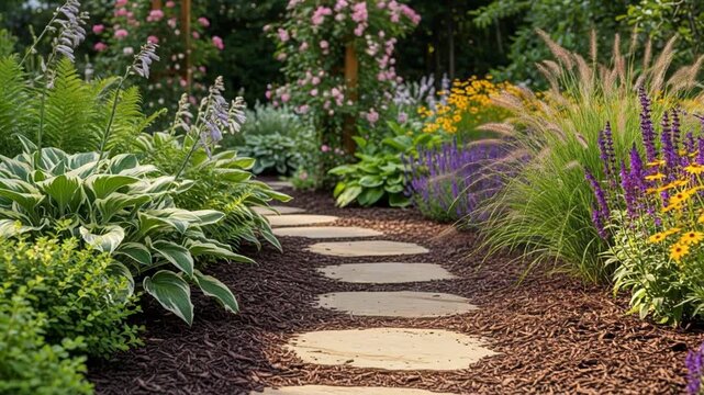 A serene garden pathway with large stepping stones surrounded by vibrant flowers and lush greenery