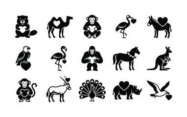 Obraz premium Collection of black silhouette animal vector icons, each featuring a heart symbol. Ideal for love, care, nature, or wildlife themed designs, apps, and children's content.