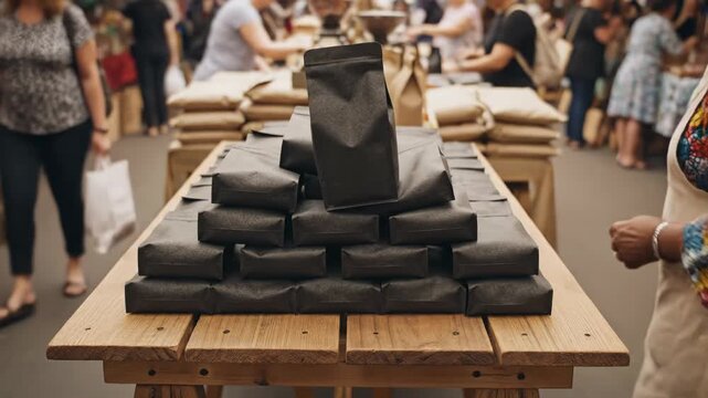 Stack of black wrapped packages displayed on wooden table at busy market.