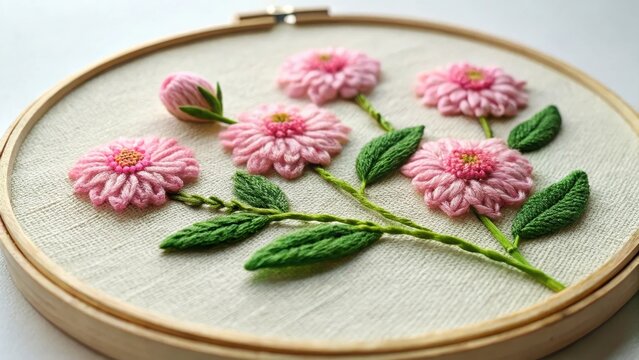 A photo of intricate punch needle embroidery featuring three delicate pink flowers with lush green leaves, showcasing the skillful craftsmanship in