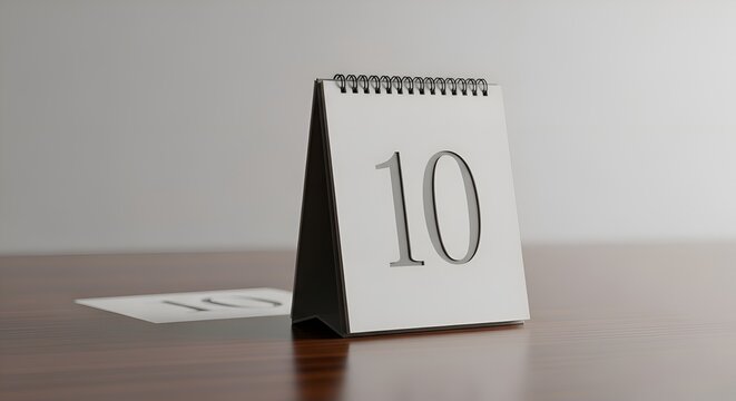 Number 10 Calendar Page on Wooden Desk, Minimalist Design