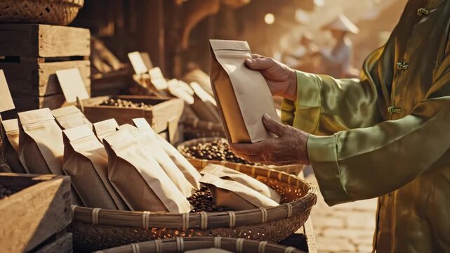Person packaging coffee beans into paper bags in a rustic setting.