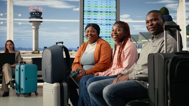 Portrait of African American family in busy airport terminal during air travel, smiling and talking while seated on bench with luggage. Parents and teenager waiting for boarding, holiday together.