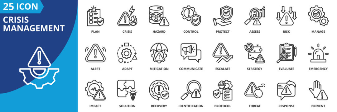 crisis management icon set collection in outline style. icon pack contain adapt, alert, assess, control, coordinate, crisis, emergency, escalate, evaluate, hazard icon