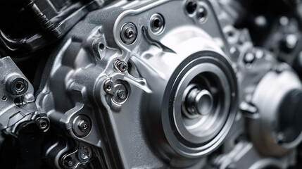 Fototapeta premium Close up of a motorcycle engine crankcase with metallic texture, showcasing mechanical detail, industrial design, and precision engineering in automotive machinery.