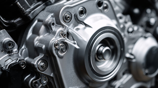Close up of a motorcycle engine crankcase with metallic texture, showcasing mechanical detail, industrial design, and precision engineering in automotive machinery.
