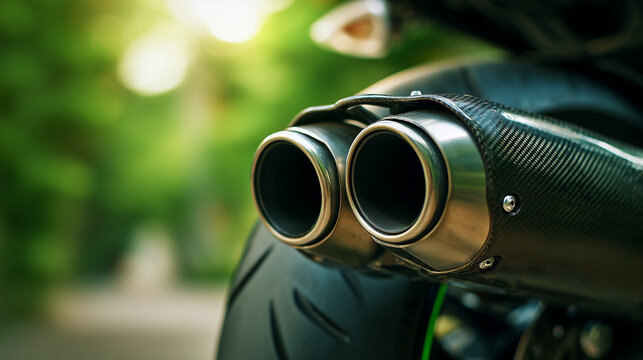 Close up of dual motorcycle exhaust mufflers with metallic finish, highlighting power, performance, and industrial design details in modern motorbike engineering.