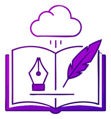 Fototapeta premium Open Book with Quill Pen and Inkwell Under a Cloud Symbolizing Creative Writing.