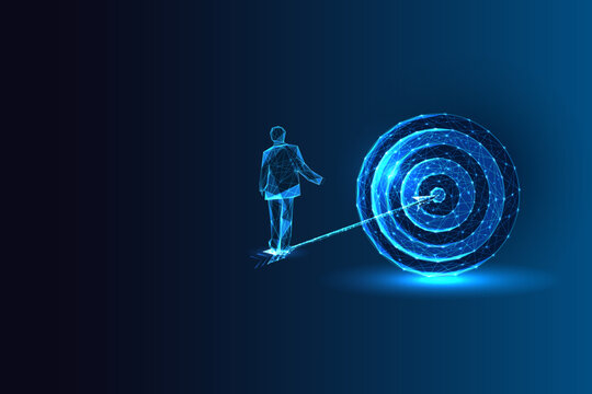 Man walking toward digital target, concept of focus, goal achievement and business success on blue