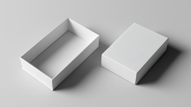 White box packaging mockup with open and closed rectangular boxes on clean white background, ideal for branding, product presentation, and design showcase.