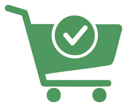Green Shopping Cart with Check Mark Symbolizing Successful Purchase.