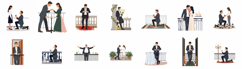 Fototapeta premium Collection of romantic marriage proposal illustrations featuring couples in elegant settings with candles, flowers, and engagement rings in a flat design style.
