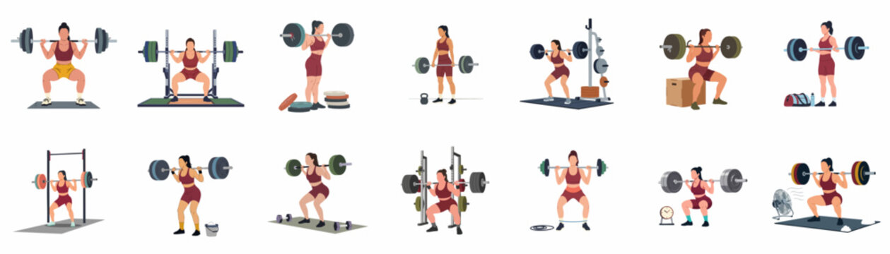 Set of flat vector illustrations depicting a female athlete performing various barbell weightlifting exercises such as squats and deadlifts in a gym.