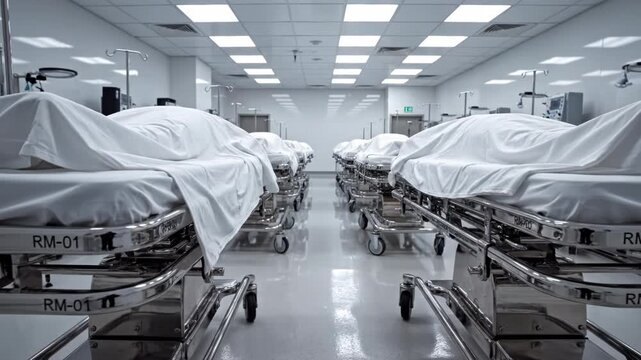 Empty hospital room with rows of covered beds in a clinical environment.