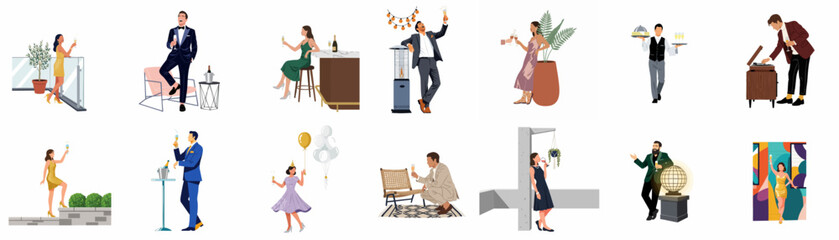 Fototapeta premium Stylish flat illustrations of diverse people in formal wear enjoying a celebration, drinking champagne, and socializing at various festive events.