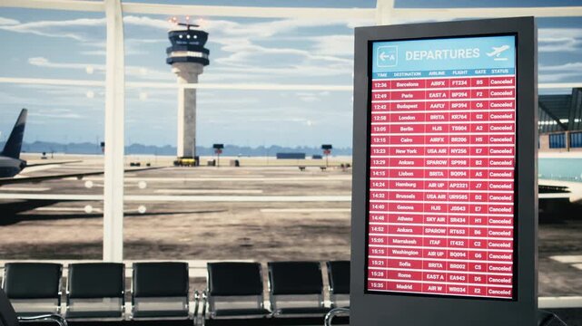 Close up of screen with all flights cancelled marked by red warning texts and cancellation announcements. Suggesting postponed trips, refund concerns and disruption to travel plans.