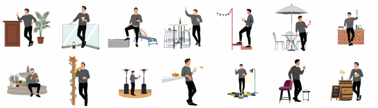 A set of flat vector illustrations depicting a young man enjoying drinks and social gatherings in various indoor and outdoor settings.