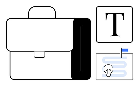 Business concept. Business tools thumbs up briefcase, aligned text symbol, and idea flag icon project planning and management. Business supports productivity and efficient workflows. Ideal