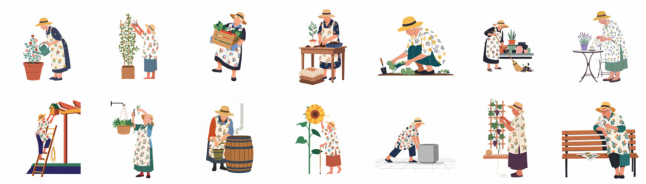 Set of flat vector illustrations depicting a senior woman engaged in various gardening activities, from planting and watering to harvesting and relaxing.