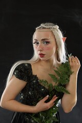 Fototapeta premium Beautiful elf girl with floral decor on black background with smoke
