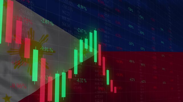 Philippine Flag Economy: An insightful perspective into the Philippine economy, with a flag background juxtaposed with stock market data.