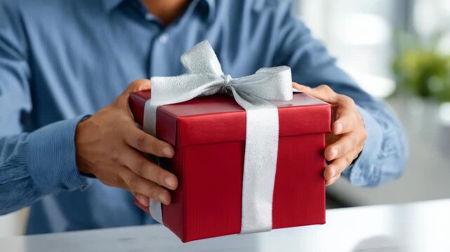 Close up of hands presenting a beautifully wrapped red present with a silver bow, symbolizing generosity and surprise. The scene conveys joy, gratitude, and special occasion vibes