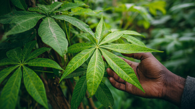 Hand touching fresh cassava leaves in plantation, showcasing agriculture, crop growth, and sustainable farming in tropical environment.