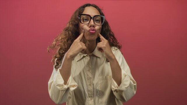 Woman presses fingers to cheeks in studio with pink backdrop and oversized glasses, pouting expression; playful curiosity.