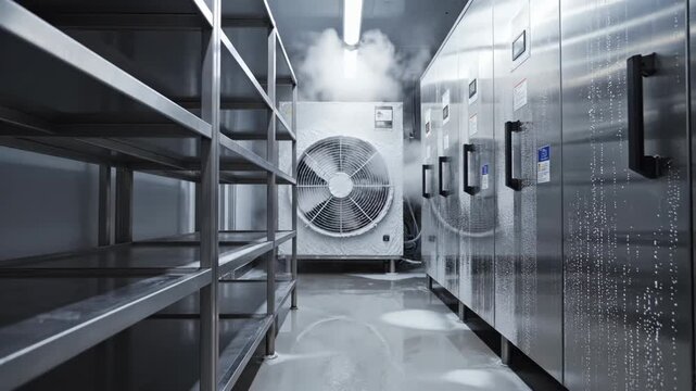 Industrial cold storage room with metal shelves and large ventilation fan.
