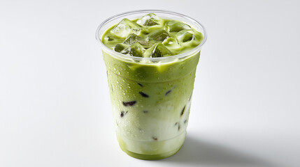 Refreshing iced matcha latte in a clear glass cup, creamy green tea drink with milk, minimal aesthetic, perfect for cafe menu or summer beverage concept.