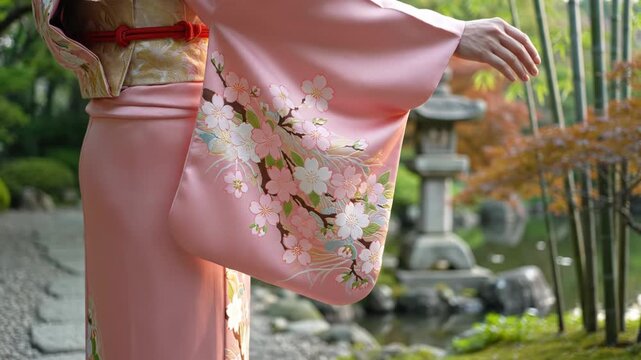 Traditional Japanese kimono with floral patterns worn in serene garden setting.