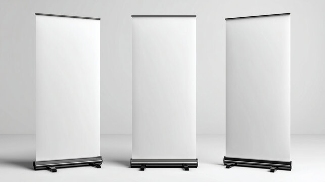 Three blank roll up banner stands mockup isolated on clean background, perfect for advertising presentation, branding display, and promotional design template.