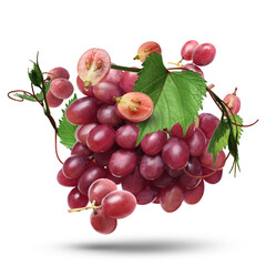 Obraz premium Fresh juicy grapes and green leaves falling against white background
