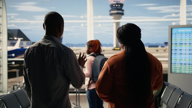 Sad yet proud parents waving goodbye during emotional send-off with their child at the airport. Teenager walking toward gate for boarding, international flight for university abroad. Farewell moment.