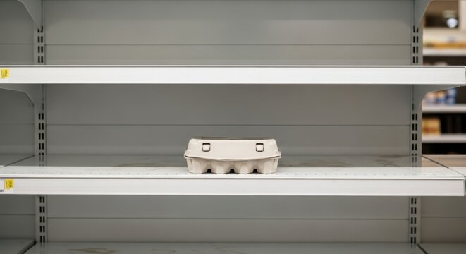 Fast leere Regale im Supermarkt vor Ostern. Ein einziger Eierkarton steht einsam auf dem Regal. Konzept f&uuml;r Lebensmittelknappheit, Inflation und Hamsterk&auml;ufe.